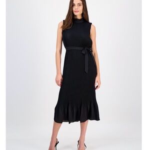Sam Edelman Black Sleeveless Mock-Neck Midi Dress with Waist Tie